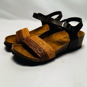 Spring Step Womens Woven Sandals Brown Leather Cork Wedge Ankle Strap Size 36‎